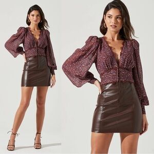 ASTR • Zanna Floral Lace Trim Long Sleeve Top blouse brown ditsy cropped